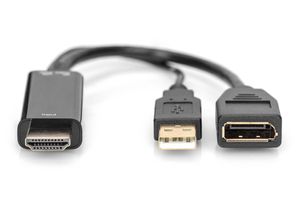 Digitus AK-330101-002-S HDMI-kabel DisplayPort / HDMI / USB Aansluitkabel DisplayPort-bus, HDMI-A-stekker, USB-A stekker 0.2 m Zwart DisplayPort 1.2,