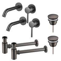 Fortifura Calvi Slim Wastafelkraanset - voor dubbele wastafel - inbouw wastafelkraan - klikwaste plug - verlaagde design sifon - Geborsteld Gunmetal PVD 2x SW766534/2x SW767288/2x SW767295