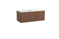 Balmani Forma zwevend badmeubel 120 x 55 cm amerikaans notenhout met Tablo Arcato asymmetrisch linkse wastafel in solid surface mat wit, Verticale asymmetrische ronde ribbel