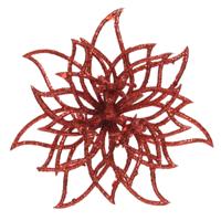 Kerstboom decoratie bloemen - kerstster - rood glitters - op clip - 14 cm - kerstversiering