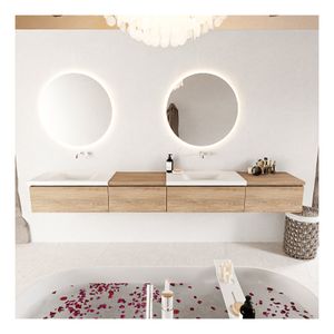 Mondiaz Bukla 280cm badmeubel met module 60 links kleur washed oak met 4 lades wastafel dubbel zonder kraangat kleur talc