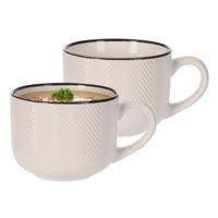 Soepkom Fishbone - 2x - cremewit - 12 x 9 cm - keramiek - kommetjes met oor - 560 ml