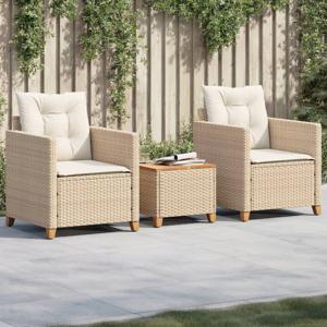 3-delige Bistroset met kussens poly rattan en acaciahout beige