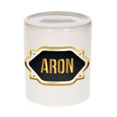 Spaarpot met voornaam Aron - wit - goud/zwart embleem - 8 x 9 cm - keramiek - afsluitdop