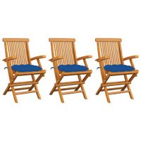 VidaXL Klapstoelen met blauwe kussens, 3 stuks, massief teakhout - thumbnail