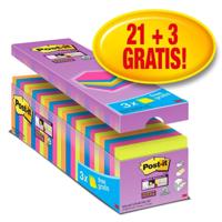 Post-it super Sticky notes, 90 vel, ft 76 x 76 mm, geassorteerde kleuren, pak van 21 blokken + 3 gratis