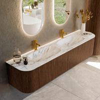 Badmeubel Mondiaz Kurve-Dlux | 190 cm | Meubelkleur Walnut | Wastafelkleur Glace | Solid surface | Dubbele spoelbak | 2 kraangaten
