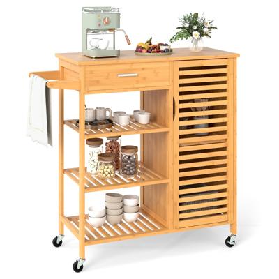 Keukenwagen met Opbergruimte Bamboe-rolwagen Serveerwagen met Lade 3 Open Planken Deurkast met Enkele Deur Natuur