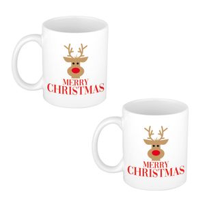 2x stuks Merry Christmas rendier kerstmok / kerstbeker wit 300 ml