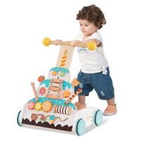 In Hoogte Verstelbare Kinderloopwagen met Activiteitencentrum Xylofoon Schuifblokken en Rollende Kralen Houten Kinderspeelgoedkar