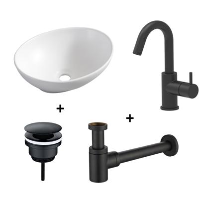 Waskomset BWS Ovaal 40x33x14.5 cm Keramiek Mat Wit / Mat Zwart (inclusief kraan, afvoer en sifon)