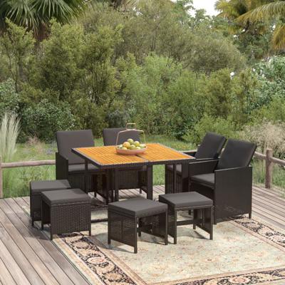 9-delige Tuinset met kussens poly rattan zwart