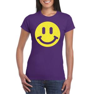 Verkleed T-shirt voor dames - smiley - paars - carnaval/foute party - feestkleding