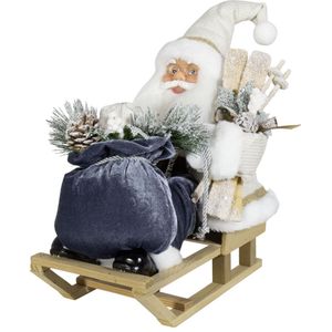 Kerstman pop Frank - H45 cm - wit - zittend op slee - kerst beeld - figuur