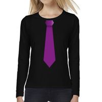Zwart long sleeve t-shirt zwart met paarse stropdas bedrukking dames 2XL  -