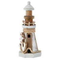 Houten/witte vuurtoren beeldje met LED lampjes 25 cm maritieme decoratie