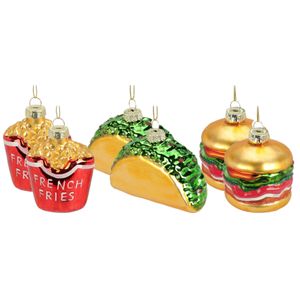 Kersthangers - snacks - 6x st - glas - hamburger/friet/sandwich