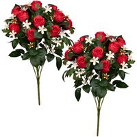 Kunstbloemen boeket rozen met bladgroen - 2x - rood - H49 cm - Bloemstuk - thumbnail