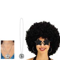 Carnaval verkleedset afropruik zwart/sterren bril/ketting - heren/dames - Seventies/disco thema