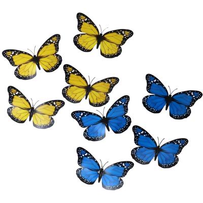 Decoratie vlinders - 8x blauw - 8x geel - op clip - 12 x 6 cm - hobby / knutsel materiaal