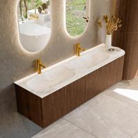 Badmeubel Mondiaz Kurve-Dlux | 165 cm | Meubelkleur Walnut | Wastafelkleur Frappe | Solid surface | Dubbele spoelbak | 2 kraangaten
