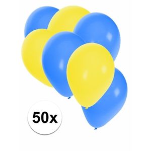 50x Ballonnen - 27 cm - geel / blauwe versiering