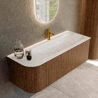 Mondiaz KURVE-DLUX 125 cm Onderkast Greeploos 1 Lade Met Deuren Walnut, Wastafel Solid Surface Rechts Ostra 1 Kraangat Zonder Spiegel (KRVBGM125L1L1D1KR-Wal/Ost)