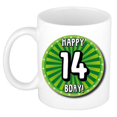 Verjaardag cadeau mok 14 jaar - groen - wiel - 300 ml - keramiek