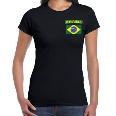 Brasil t-shirt met vlag Brazilie zwart op borst voor dames Brasil t-shirt met vlag Brazilie zwart op borst voor dames