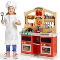 69-Delige Kinderkeuken met Verlichting & Stoom & Muziek & Geluid Speelkeuken Kinderspeelkeuken met Waterpomp en Spoelbak Oranje