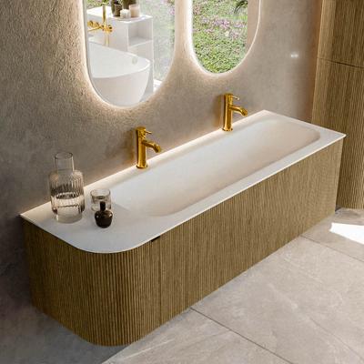 Badmeubel Mondiaz Kurve | 145 cm cm | Meubelkleur Dusk | Wastafelkleur Talc | Solid surface | Wasbak rechter zijde spoelbak | 2 kraangaten