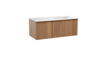 Balmani Forma zwevend badmeubel 120 x 55 cm teakhout met Tablo Arcato asymmetrisch rechtse wastafel in solid surface mat wit, Verticale symmetrische rechte ribbel