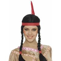Fiestas Guirca Verkleedpruik Indiaan met vlechtjes en veer - voor dames - zwart lang haar   -