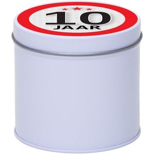 Cadeau/kado wit rond blik 10 jaar 10 cm