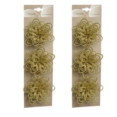 Kerstboomversiering Bloemen - 6x stuks - 11 cm - goud glitter - op clip - ornament