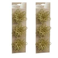 Kerstboomversiering Bloemen - 6x stuks - 11 cm - goud glitter - op clip - ornament