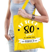 Cadeau tas voor dames - 80 en perfect - geel - katoen - 42 x 38 cm - tachtig - shopper - thumbnail