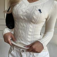 Bon&Bon Women's V-Neck Cable-Knit Sweater - Slim Fit Beige Pullover Apricot / L