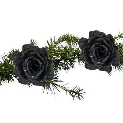 2x stuks kerstboom decoratie bloemen roos zwart glitter op clip 10 cm