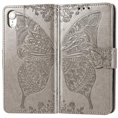 Butterfly Love bloemen reliëf horizontale Flip lederen case voor iPhone XR met houder & kaartsleuven & portemonnee & Lanyard (grijs)