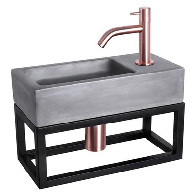 Differnz Ravo fonteinset - 38.5x18.5x25cm - Rechthoek - 1 kraangat - Gebogen rose koperen kraan - met zwart frame - beton donkergrijs 38.402.11
