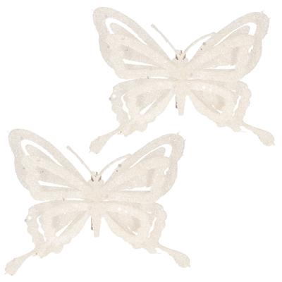 Kerstboomversiering Vlinder - 2x - 14 cm - wit glitter - op clip - ornament