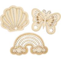 Creativ Company Houten vorm met gaten, regenboog, schelp, vlinder, afm 7,5-13 cm, 24 stuk/ 1 doos