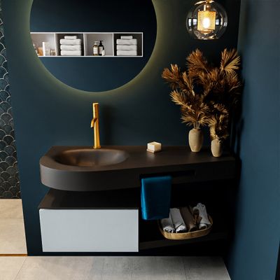 MONDIAZ RIVA 120cm badmeubel onderkast / planchet kleur Clay met 1 lade. Wastafel DULCET links 1 kraangat kleur Urban.