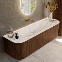 Badmeubel Mondiaz Kurve-Dlux | 150 cm | Meubelkleur Walnut | Wastafelkleur Frappe | Solid surface | Midden spoelbak | Zonder kraangat(en) Badmeubel Mondiaz Kurve-Dlux | 150 cm | Meubelkleur Walnut | Wastafelkleur Frappe | Solid surface | Midden spoelbak | Zonder kraangat(en)