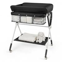 Draagbare Commode Opvouwbare Verschoontafel met 3-Voudig Verstelbare Hoogte en Vergrendelbare Wielen 81 x 66,5 x 95-101 cm-Zwart