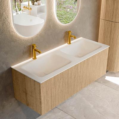 Badmeubel Mondiaz Kurve | 120 cm | Meubelkleur Oak | Wastafelkleur Talc | Dubbele spoelbak | 2 kraangaten