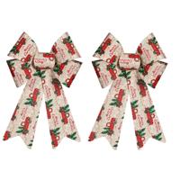 Krist+ Kerstboomversiering strik - 2x stuks - creme/rood print - 15 x 25 cm
