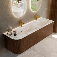Badmeubel Mondiaz Kurve-Dlux | 145 cm | Meubelkleur Walnut | Wastafelkleur Glace | Solid surface | Dubbele spoelbak | 2 kraangaten Badmeubel Mondiaz Kurve-Dlux | 145 cm | Meubelkleur Walnut | Wastafelkleur Glace | Solid surface | Dubbele spoelbak | 2 kraangaten