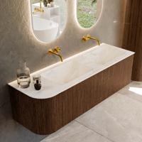 Badmeubel Mondiaz Kurve-Dlux | 145 cm | Meubelkleur Walnut | Wastafelkleur Ostra | Solid surface | Dubbele spoelbak | Zonder kraangat(en)